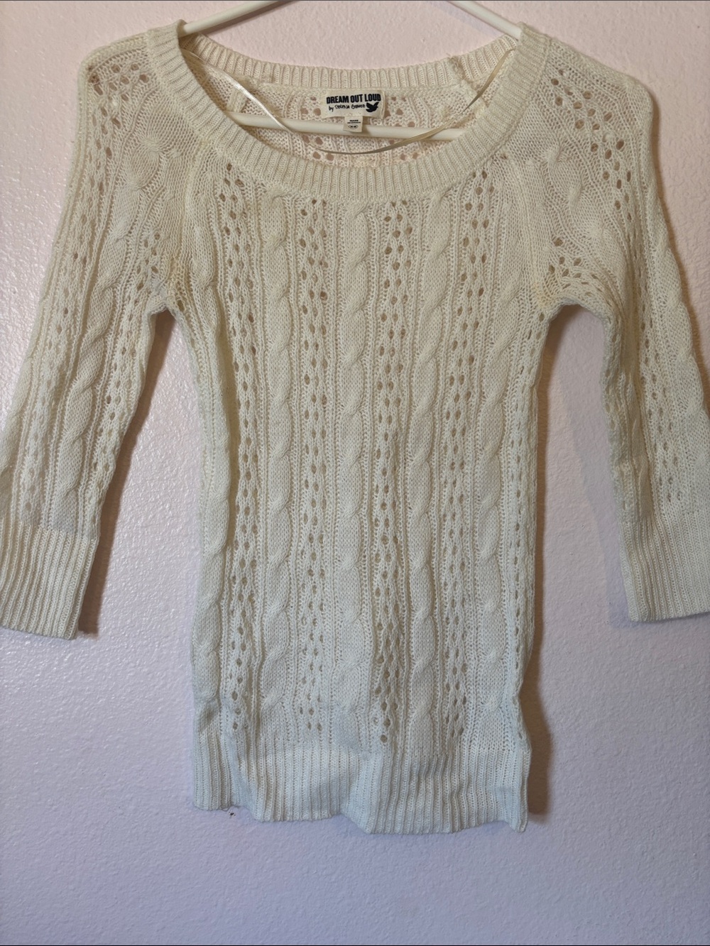 Dream Out Loud Y2K Women's Open Knit White Sweater,  3/4 Sleeves, Size XS